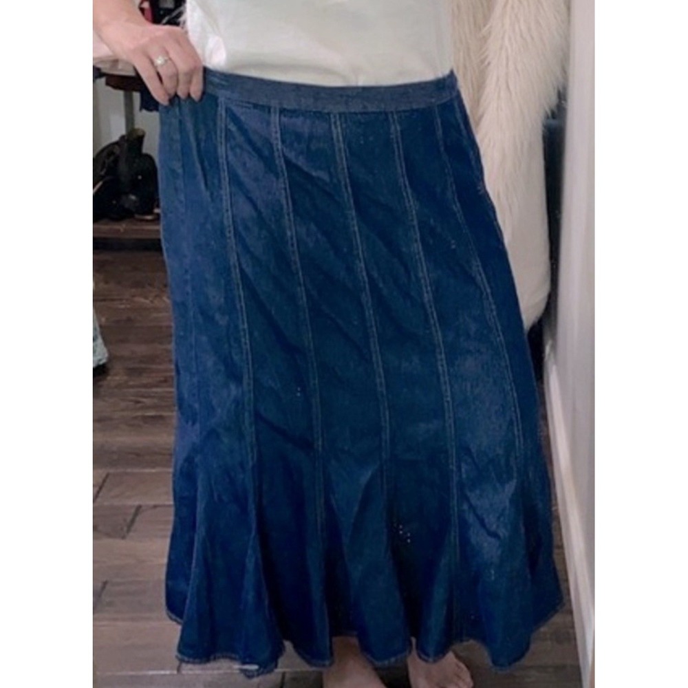 Studio West Apparel Womens Dark Wash Denim Paneled Maxi Skirt Large Cotton Flare